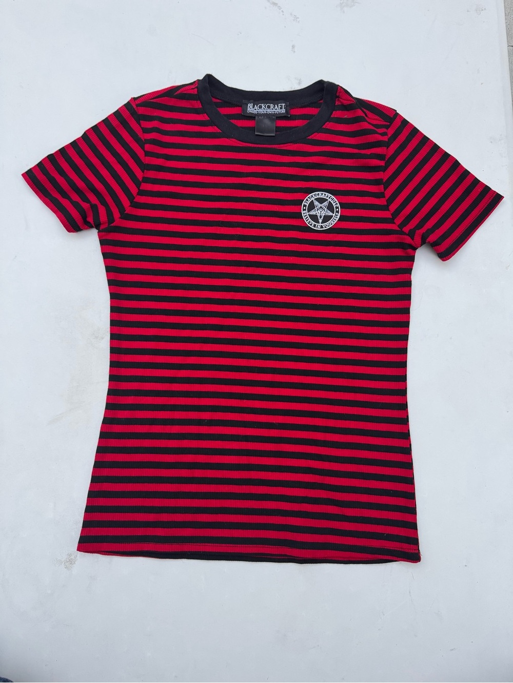 Blackcraft Cult Women's Red & Black Striped Short Sleeve Tee